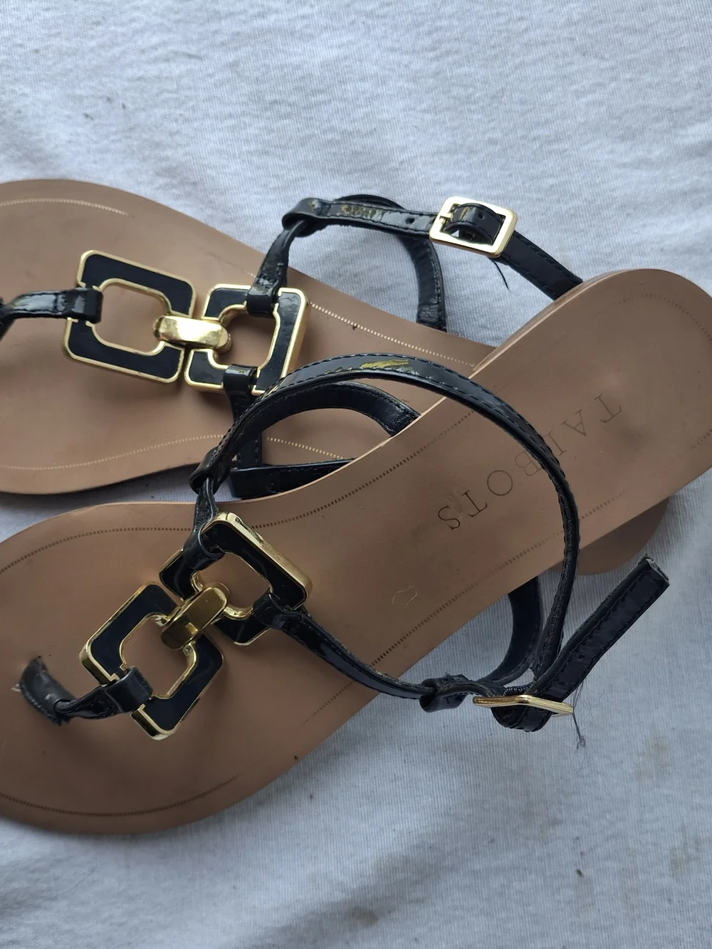 Talbots Black Patent Leather T-Strap Sandals with Gold Accents